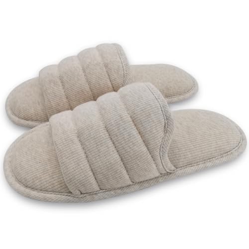 ofoot Mens Cotton Open Toe House Flat Slippers,Male Breathable Summer Indoor Slides, Memory Foam Anti Slip Sole