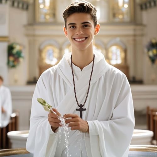 Wooden Cross Necklace For Men Beads Rosary Long Large Natural Wood Jesus Crucifix Cross Pendant Necklace 36inch Chain Religious Christian Prayer Faith Baptism Easter Handmade Jewelry2