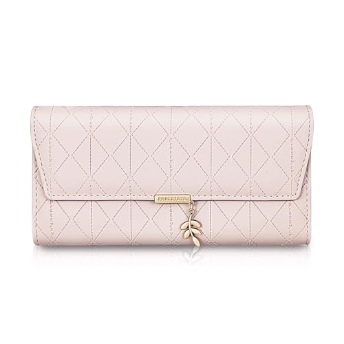 Clutch Wallet for Women, Women's Wallets with Leaf Pendant Decoration, Fashionable Triple Fold Ladies Wallet with Diamond Pattern for 9 Card Slots and ID Slot (Pink)