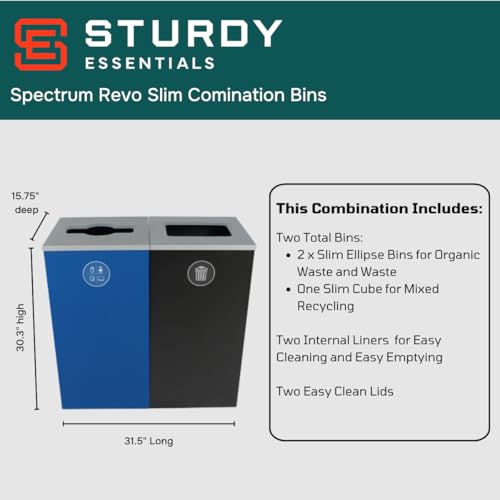 Sturdy Essentials Spectrum Powder Coated Steel Recylcing Bin and Waste Bin Combinations Used for Commercial Spaces, Businesses, Offices, Hotels, Apartments (Blue Mixed Recycling + Black Waste Cube)
