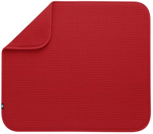 S&T INC. Dish Drying Mat, 16” x 18”, Absorbent Microfiber Kitchen Counter Mat, Dish Drying Pad for Dishes, Utensils, Pots and Pans, Large, Red