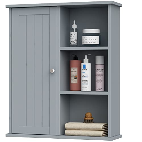 Treocho Bathroom Wall Cabinet, Medicine Cabinet with Door and Open Shelf, Wall Mounted Storage Organizer for Bathroom, Grey Treocho Bathroom Wall Cabinet, Medicine Cabinet with Door and Open Shelf, Wall Mounted Storage Organizer for Bathroom, Grey