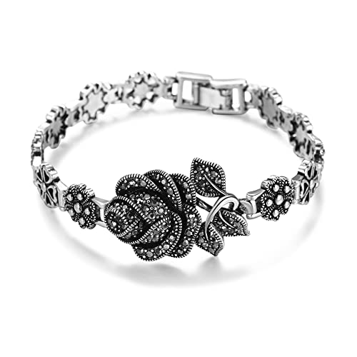 Bracelets for Women, Vintage Black Onxy Chain Link Silver Rose Flower Design Marcasite Bangle Bracelets Jewelry Gift