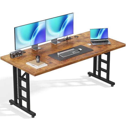 OffiGo Executive Desk 71 Inch Office Table with Power Ports Large Computer Desk with 3-Piece Thickened Board for Home Office Workstation Rustic Brown (not Adjustable)
