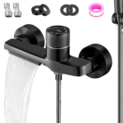 Wasserfall Badewannenarmatur Duscharmatur Thermostat 2 Auslässen Mischbatterie Dusche mit Sicherheitstaste Badewannenarmatur mit Thermostat Schwarz Duscharmatur für Dusche und Badewanne Wasserfall Badewannenarmatur Duscharmatur Thermostat 2 Auslässen Mischbatterie Dusche mit Sicherheitstaste Badewannenarmatur mit Thermostat Schwarz Duscharmatur für Dusche und Badewanne