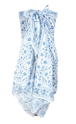 Hand block floral print cotton scarf beach sarongs soft voile summer pario (light blue, 44x74)