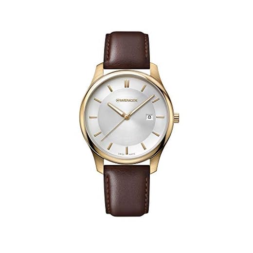 Wenger Relojes Hombre City Classic Ø 43mm, Suizos, Cuarzo, Impermeable 30m, Brazalete de Cuero, Cristal de Zafiro, Plata/Blanco/Braun, 01.1441.107