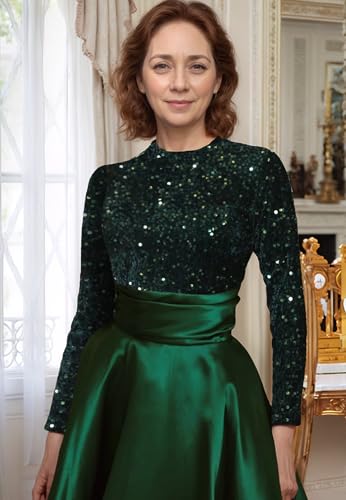 Long Sleeve Mother of The Bride Dresses for Women Sparkly Sequin A Line Prom Gowns Satin Tea Length Wedding Party Dress3