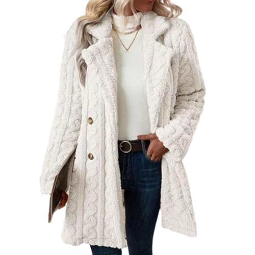 Abrigo de Franela con Cuello de Solapa y Doble Botonadura de Invierno para Mujer, Chaqueta Larga de Piel sintética, Chaquetas cálidas para Prendas de Vestir (Blanco,XL)