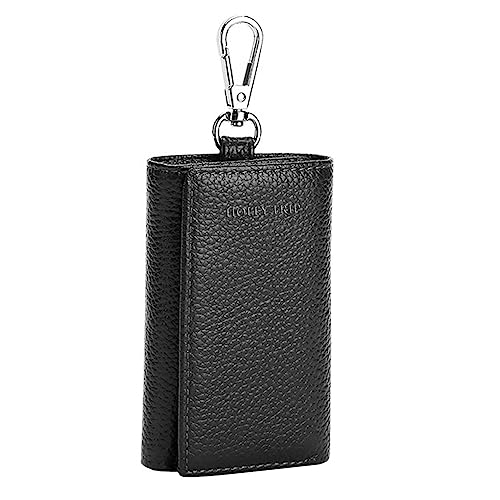 HOLLY TRIP Unisex Compact Premium Leather Key Case Wallet Keychain Key Holder Ring with 6 Hanging Buckle Hooks Snap Closure, Black