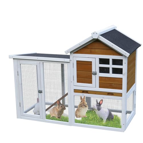 屋外 小動物用ハウス うさぎ小屋 チキンハウス モルモットフェレット用屋外ハウス ハリネズミ ケージ 2層構造 ペットハウス ランニングスペース付き スロープ付きペット小屋 引き出し式 通気性 ワイヤーメッシュ アスファルト屋根付き2?3匹のうさぎ対応 組