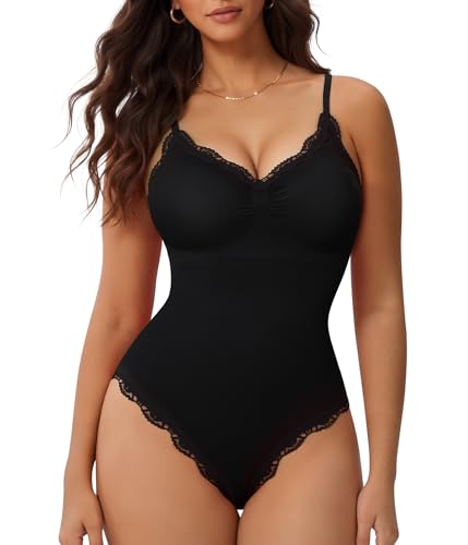 Nebility Bodysuits for Women Lace Bodysuit Thong Shapewear Tummy Control Sleeveless Going Out Cami Tank Tops Body Suit (Black Medium)