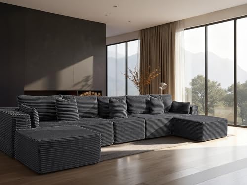 Image of 168 inch Cloud Sectional Couch, Comfort U Shaped Sofa for Living Room, Extra Deep Seats No Assembly, Minimalist Modular Couch, Corduroy (Dark Grey, 7 Seats,U-Shape A)