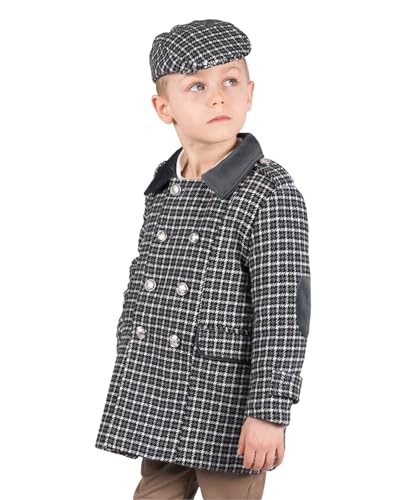 SIRRI Boys Tweed Houndstooth Pea Coat & Cap Set with elbow patches, Classic 2PC