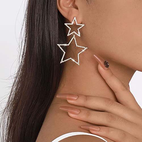 Sliver Star Stud Earrings For Women Girls Rhinestone Big Star Dangle Earrings Lightweight Crystal Dangle Earrings Dainty Fashion Earring Party Jewelry Gifts (Gold) #TOP4