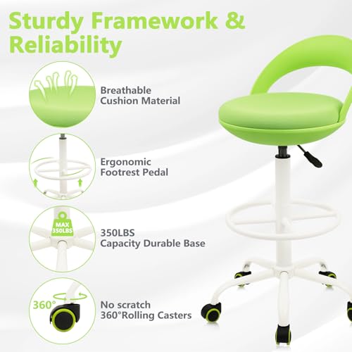 Image of KLASIKA Office Drafting Chair with Back, Ergonomic Swivel Rolling Stool with Footrest, Adjustable Height Standing Desk Chairs for Home Work Shop Kitchen Task Computer Counter Height Bar, Green