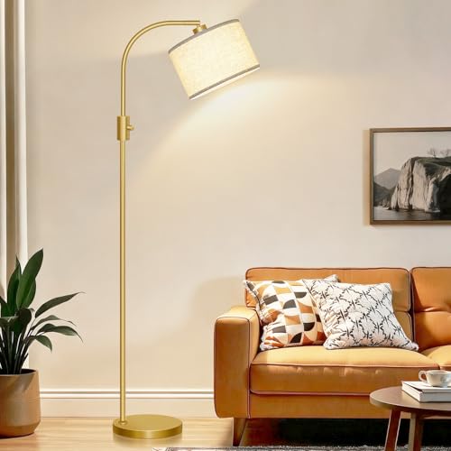 Image of Nintiue Upgraded Modern Arc Dimmable Tall Standing Floor Lamp with Linen Shade, 1200 Lumens LED Bulb Included, for Living & Reading Room, Bedroom, Office & Nursery, Gold
