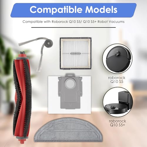 Image of (14 Pack) Q10 S5+ Replacement Parts Compatible with Roborock Q10 S5+ Robot Vacuum Cleaner, 1 Roller Brush, 4 Side Brushes, 3 HEPA Filters, 3 Dust Bags, 3 Mop Pads, Accessories Kit