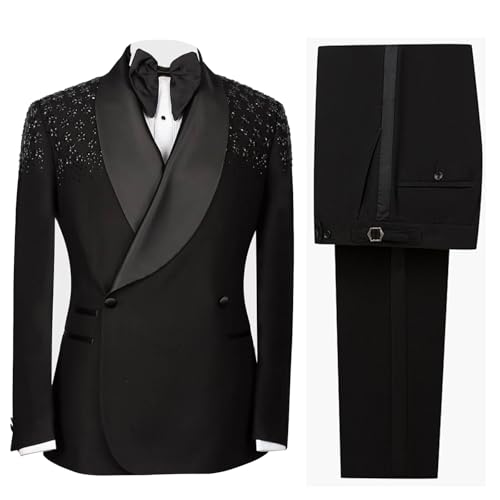 Mens Luxury 2 Pieces Suit Slim Fit Dinner Tuxedo Blazers Jacket Pants Outfit with Rhinestone for Prom,Party,Wedding