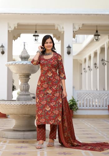 Image of GoSriKi Women's Cotton Blend Printed Straight Kurta with Pant & Dupatta