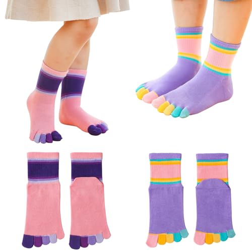 2 pares de meias de algodão com cinco dedos divididas, meias atléticas, casuais, listradas, arco-íri