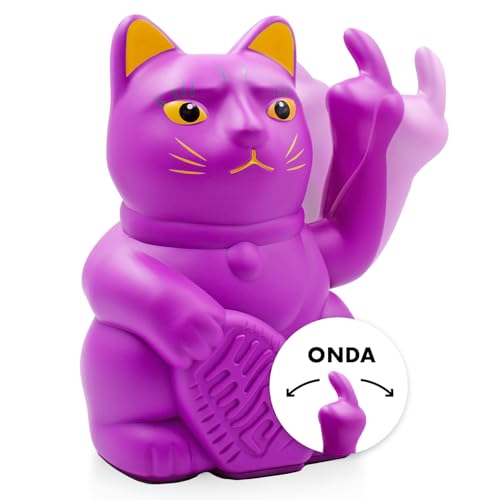ANGRY CAT - Gatto fortuna Lucky Cat - Divertente gatto giapponese che saluta con dito medio puzzolente - Figura statuetta statua idea di regalo con braccio ondeggiante - viola, 15cm