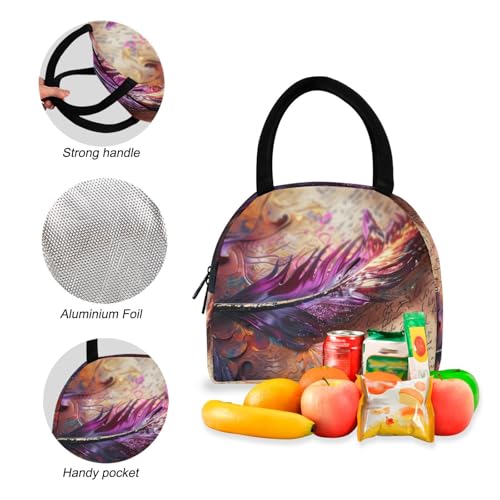 Backpack Lunch Bag Set Purple Feather Print, Big Storage Travel Backpacks with Insulated Lunch Box for Office Hiking Picnic4