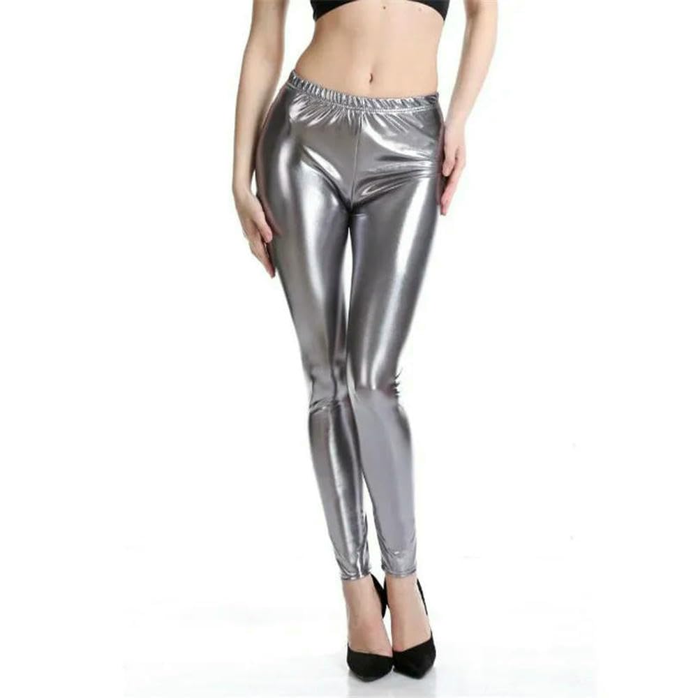 JCVBN Damen-Leggings, einfarbig, metallisch, Grün, Gold, Silber, Party, Rave, Booty, Skinny-Hose, glänzend, Fitness, Bleistift-Leggings
