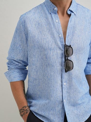 Image of Banana Club Elegant Lucent White Stripe Blended Linen Shirt for Men | Casual Stylish Long Sleeved Regular Fit Button-Down Collar Men's Wear | Shirt for Parties Office Daily Comfortable
