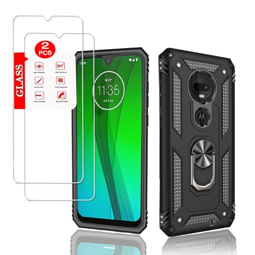 Anvzle for Motorola Moto G7 G7 Plus Phone Cover Case Black | for Motorola, with [2 Pack], Glass Screen Protector, Heavy Duty, Shockproof Armor, [Military-Grade], Protective, with Magnetic Ring Stand