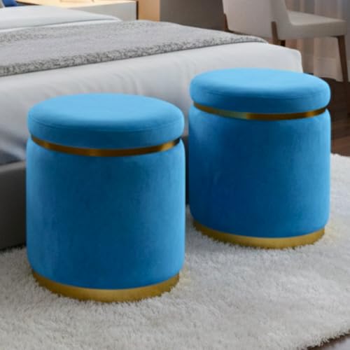 Image of Decorative Ottoman Pouffes for Sitting - Two-Piece Set of Puffy Stools and Footstools - Round Ottoman Stool for Living Room Furniture (Sky Blue)