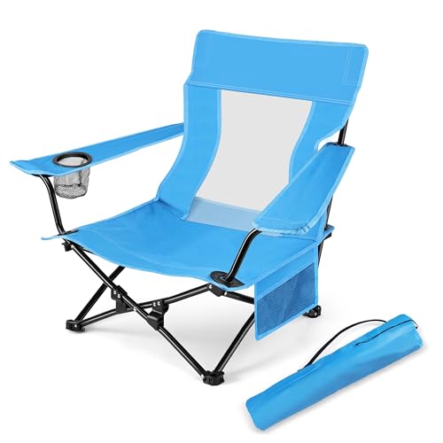 Image of HaSteeL Folding Beach Chair, Foldable Blue Camping Chairs for Outside, Low Beach Chair Portable for Adults Fishing, Picnic, Outdoor BBQ, Travel, Sports, Cup Holder & Storage Bag