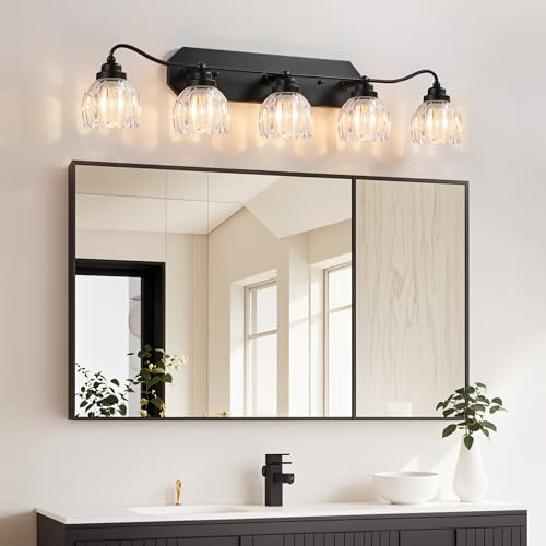 Image of Vintage Bathroom Light Fixtures, 5 Light Bathroom Vanity Light, Black Matte Antique Brass Finish with Crystal Glass Shade, Mid Century Wall Sconces for Bedroom, Living Room, Hallway