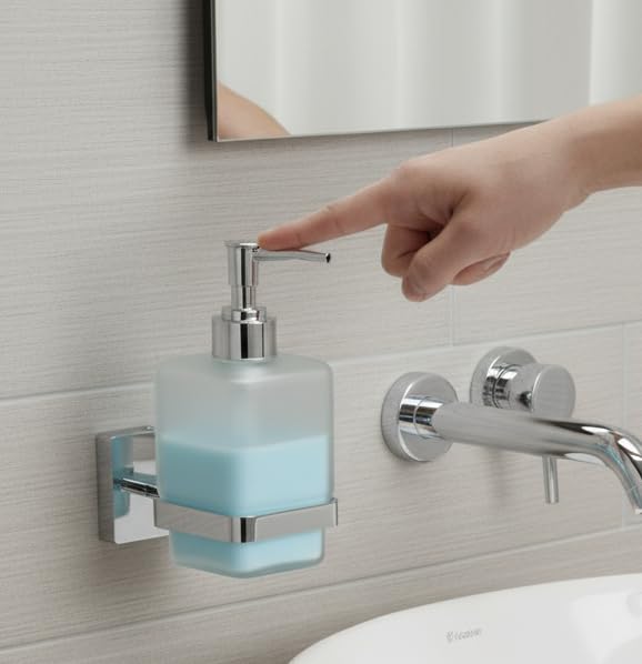 Image of EASYHOME FURNISH Premium Wall-Mounted Liquid Soap Dispenser for Bathroom and Kitchen | Frosted Glass Bottle with Rust-Proof 304 Stainless Steel Holder & Chrome Finish Pump