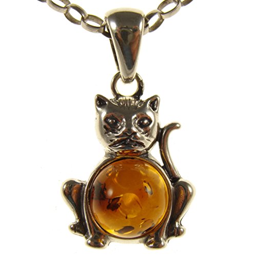 BALTIC AMBER AND STERLING SILVER 925 CAT PENDANT NECKLACE - 14 16 18