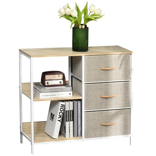 HOMCOM Cajonera de Tela Estrecha, Cómoda de Tela con 3 Cajones Plegables, 2 Estantes Abiertos y Amplia Encimera, Cómoda para Dormitorio, Salón y Pasillo, Natural y Gris Claro