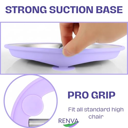 Image of RENVA Stainless Steel Kids Plates Suction Plate for Baby,Divided Toddler Plates with Removable Silicone Sleeves for Mess-Free Feeding, Non-Toxic, Non-Slip (Purple, 1 Plate)
