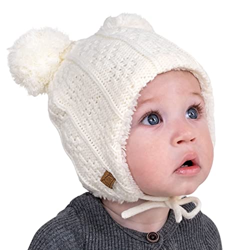 JAN & JUL Knit Winter Hat, Ear Flap Toddler Beanie for Baby Girls and Boys (Cream Bear, Size M)