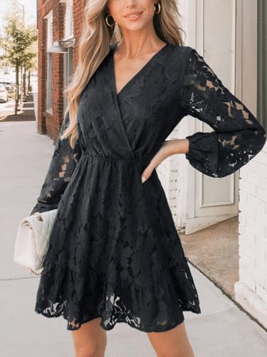 Image of CUPSHE Women Elegant V Neck Lace Peasant Sleeve Mini Summer Dress Elastic High Waist A Line Casual Wedding Guest Dress