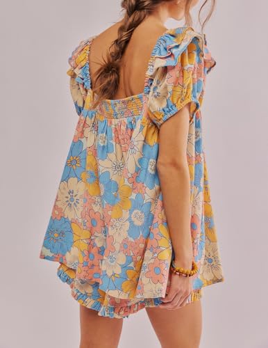 Image of ROAONOCOMO Women Floral Pajama Set Ruffle Puff Sleeve Peplum Shirt Coquette Pj Set Bow Babydoll 2 Piece Shorts Outfit