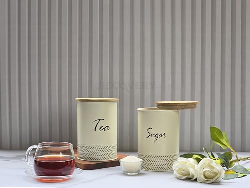 Image of JISCOVERY Airtight Tea & Sugar Container Set of 2| Metal Storage Canister with Wooden Lid for Kitchen| Storage Box for Kitchen Counter Top| 1300 ML| Ivory