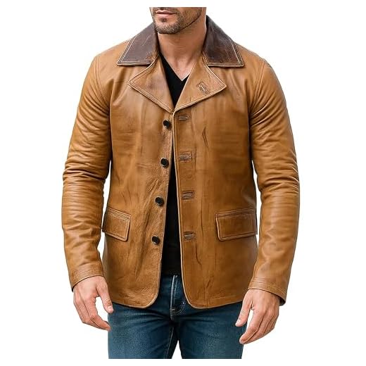 UGFashions Blazer masculino marrom de couro legítimo, fantasia, cosplay, estilo caminhoneiro, jaqueta caubói ocidental, Marrom sintético, XPP