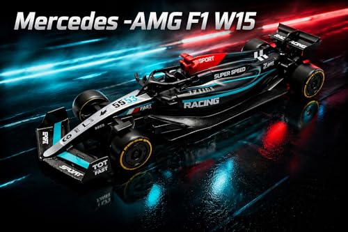 Image of Mercedes-AMG F1 W15 Pull Back Race Car Toy, 1:36 Scale Die-Cast Metal Formula Racing Car Model, Pull Back Action Toy Car for Kids Boys Girls 3+ & Racing Enthusiasts (Black with Blue)