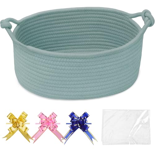 Image of COMSE Small Gift Basket Empty with Bag & Ribbons, Solid Light Green
