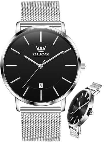 Image of OLEVS Men Leather Watches Black Ultra Thin 6.5mm Minimalist Dress Fashion Simple Casual Waterproof Date Watch for Men