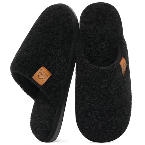Evshine Womens Fuzzy Slip-on Slippers Comfy Lightweight Indoor House Scuff Slippers Closed Toe Soft Memory Foam Shoes Black 280