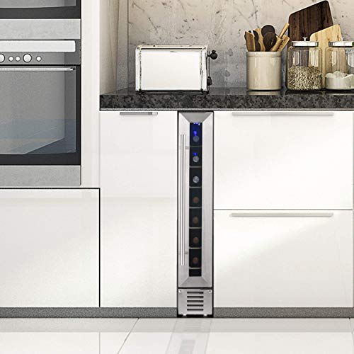 NewAir 6" Built-in or Freestanding 7 Bottle Wine Fridge, Bar Cabinet Mini Wine Cooler with Beech Wood Shelves, Stainless Steel Wine Cellar for Red, White, and Sparkling Wine