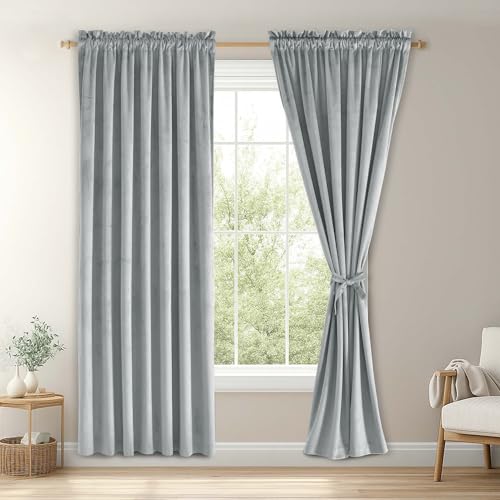 JIUZHEN Silver Grey Velvet Blackout Curtains 52W x 72L 2 Panels