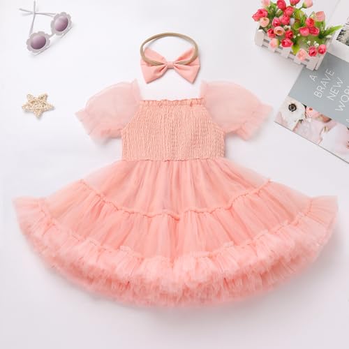 ODASDO Baby Girls Donut First Birthday Outfit Puff Short Sleeve Smocked Ruffled Tulle Tutu Princess Dress with Headband3