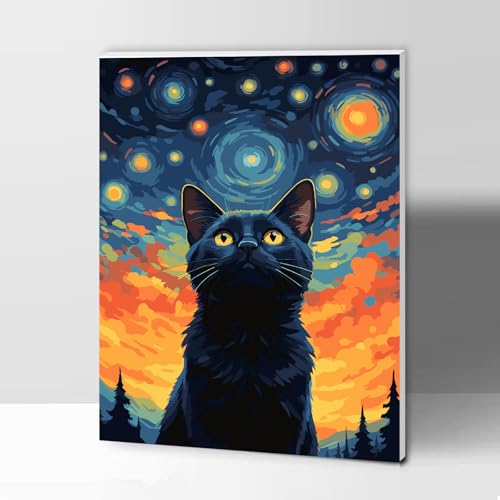 Modojuny pintura por números para adultos y niños, Paint by Numbers Kit con pigmento acrílico y pinceles, regalo y decoración de pared, gato negro de 30 x 40 CM (con marco) – más de 9 años